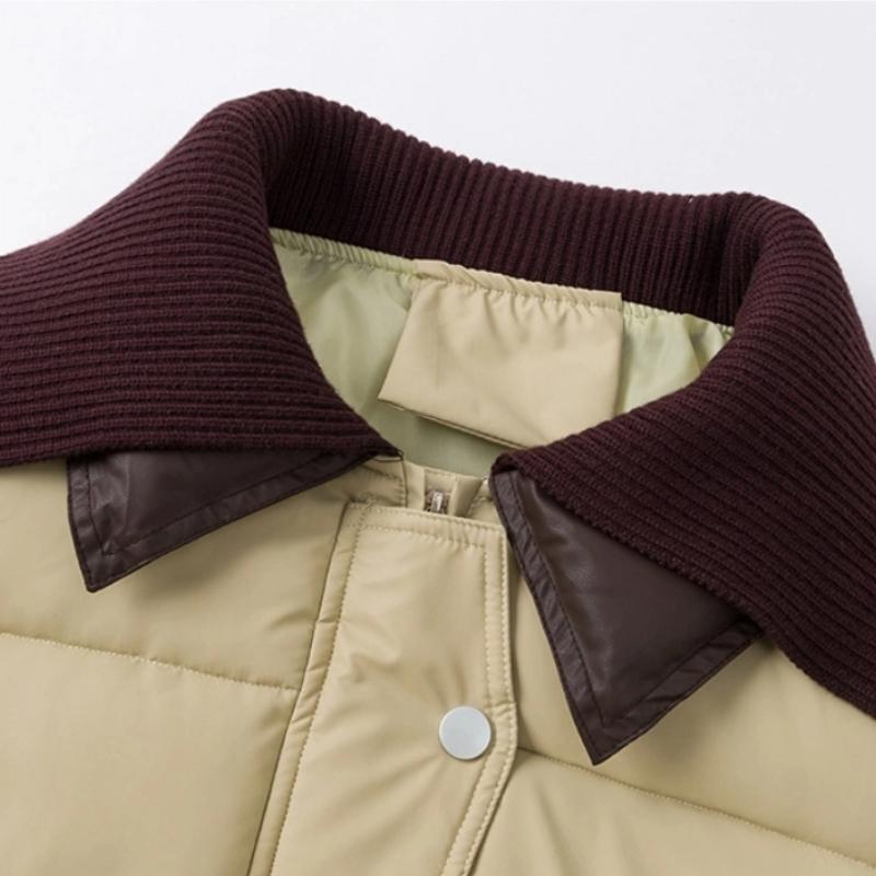 Knitted Lapel Short Down Jacket Women's Winter Thickened PU Leather Stitching Jacket