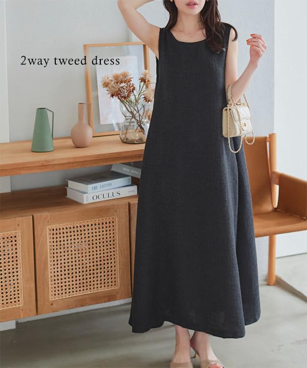 Tweed Sleeveless Long Solid Summer and Gray [Kobe Lettuce] A-line Dress, Elegant, Sophisticated, Color, Wear, 2-way (Front Back) [E3376] L,
