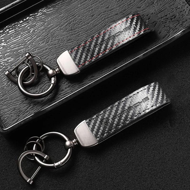 Carbon Fiber Car Keychain Embossed Logo Key Chain Ring Pendant For Porsche Panamera Cayenne Taycan 911 718 Macan Carrera-GT 928
