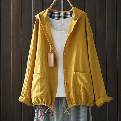 Giacca sottile con cappuccio giapponese coreana da donna, stile retrò, in filato di cotone a doppio strato, taglie forti, artistica, casual, cardigan