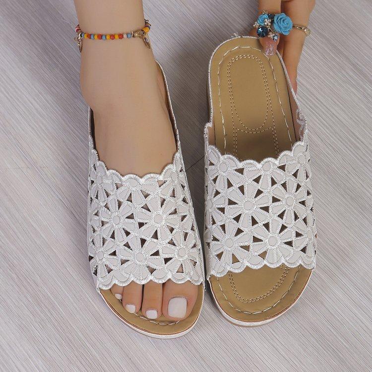 Summer simple casual flower hollow PU medium heel women's wedge slippers