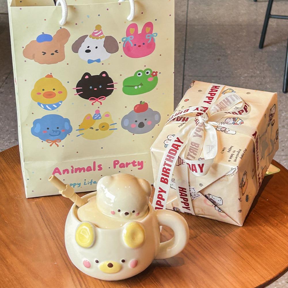 Ins krémový medvěd brčko kelímek dívka roztomilý keramický hrnek s víčkem domácí pitný kelímek dárek k narozeninám