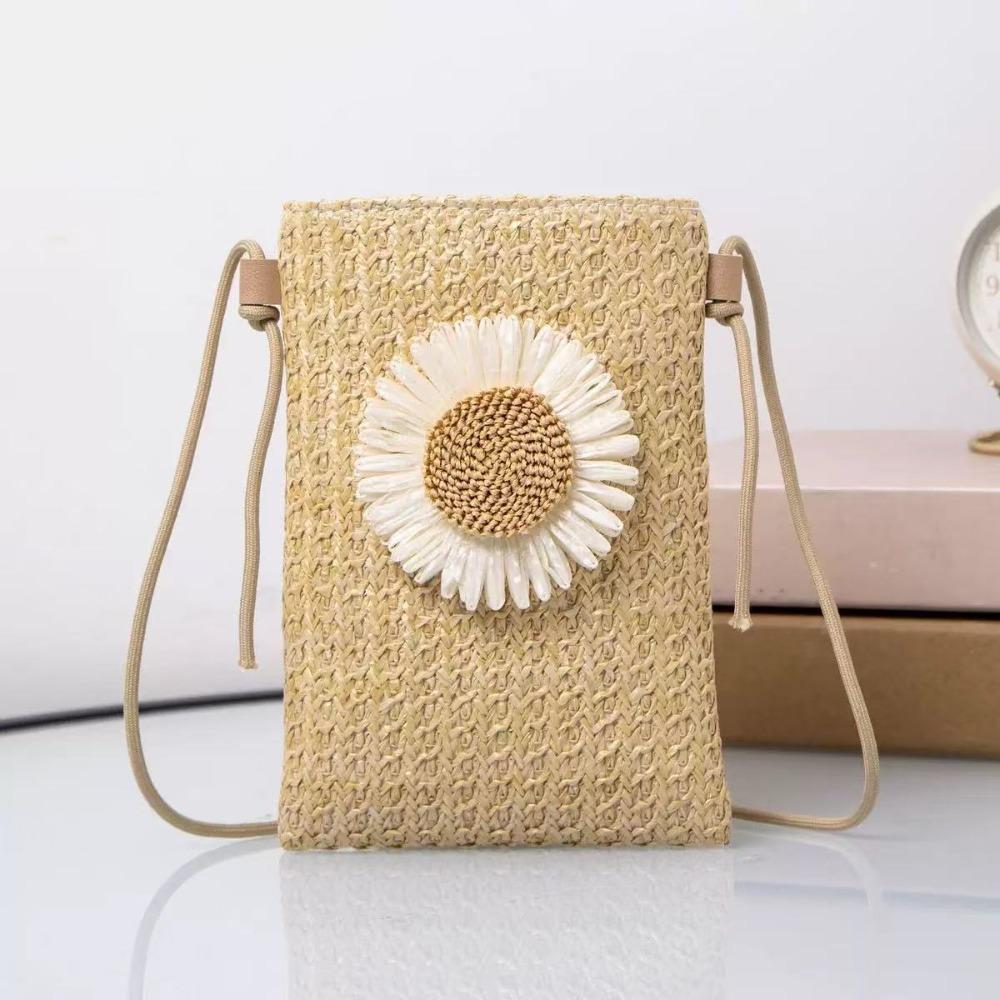 Neue Gras gewebte Crossbody-Umhängetasche Kleine florale geflochtene Handtasche Handy-Tasche Outdoor