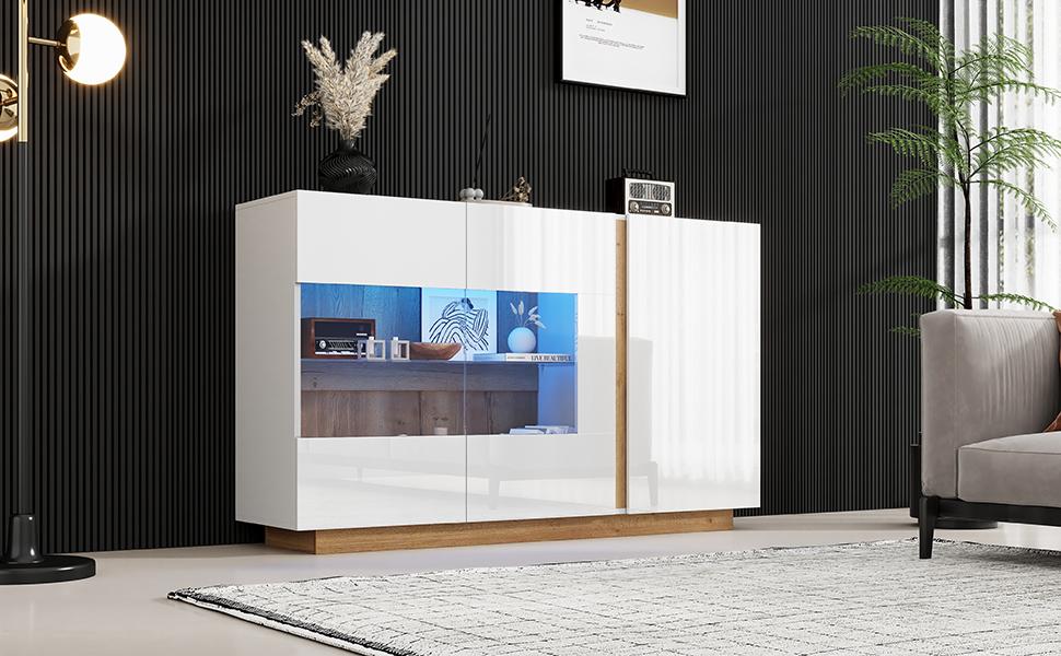 Sideboard High Gloss Chest of Drawers, White Chipboard with Glass, Wood Base, Chest of Drawers Cabinet Hallway Cabinet 138*38*90.5cm