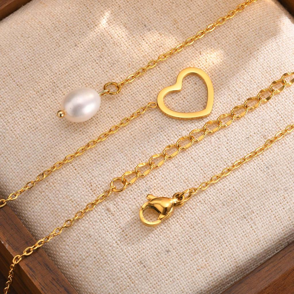 Stylish Personality Stainless Steel Heart Natural Baroque Freshwater Pearl Y-Shaped Gold Necklace Ladies 1974