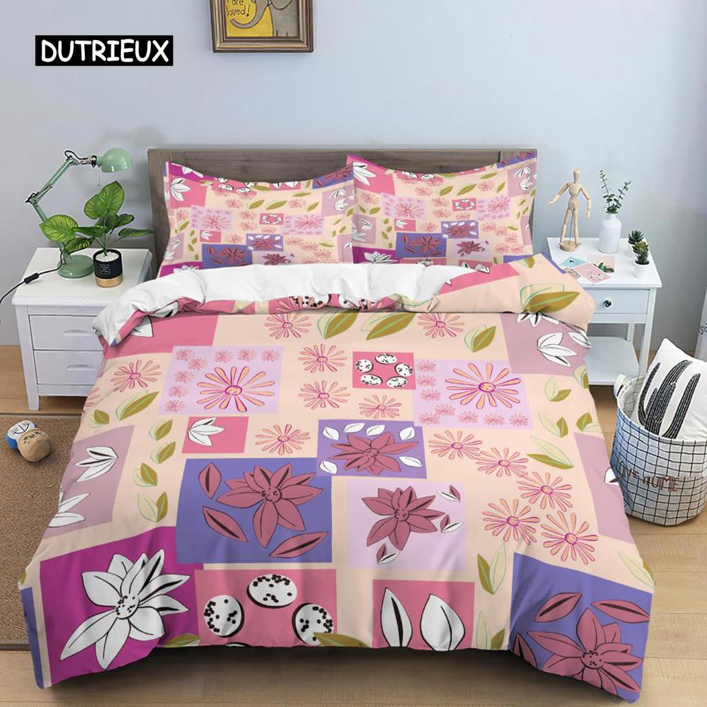 Flower Duvet Cover Set King Size Pink Flowers Green Leaves Pattern Quilt Cover for Teen Girl Microfiber Floral Theme Quilt Cover