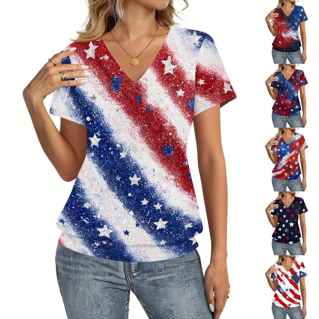 Women's Casual V Neck Short Sleeve Top Independence Day Print Lightweight Comfortable Summer Shirt for Everyday Wear