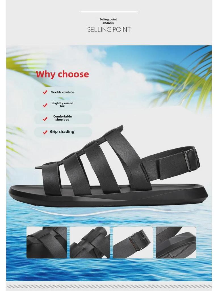 2024 Men's White Leather Open Toe Sandals: Trendy, Breathable, Non-Slip, Rivet Design, Summer Youth Style