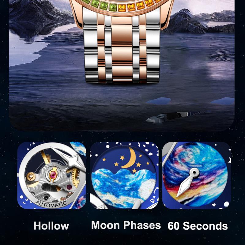 Mehrfarbige Edelsteine Klassisch Herren Mondphasen Uhr Mode Wasserdicht Leuchtend Automatisch Mechanisch Herrenuhren Top Marke Reloj