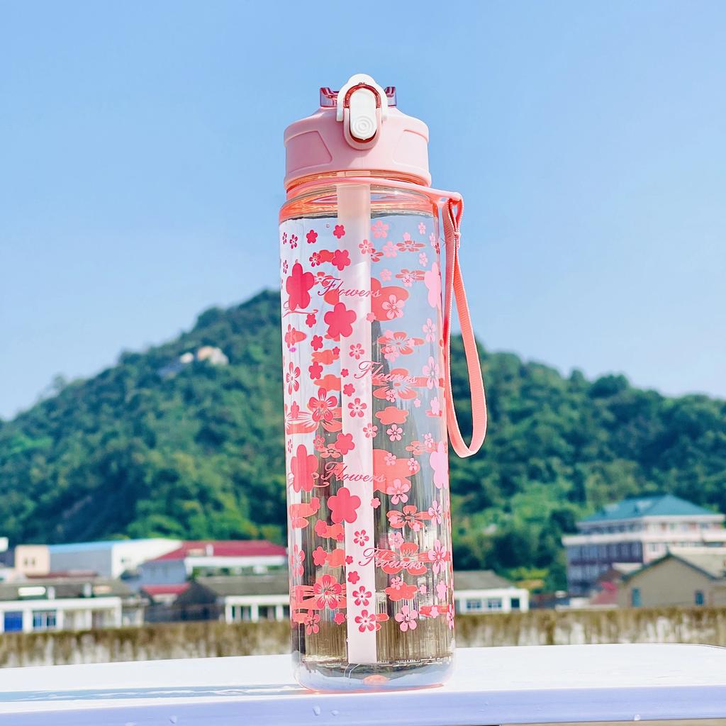 800ML Straw Water Bottle Cherry Blossom Large Capacity Sports Water Bottle, Suitable for Outdoor Activities