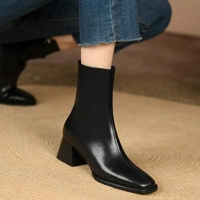 Botins de Tornozelo 2024 para Mulheres Couro Bico Quadrado Zíper Lateral Estilo Retrô Salto Grosso Botas Femininas Moda Botins Femininos D263