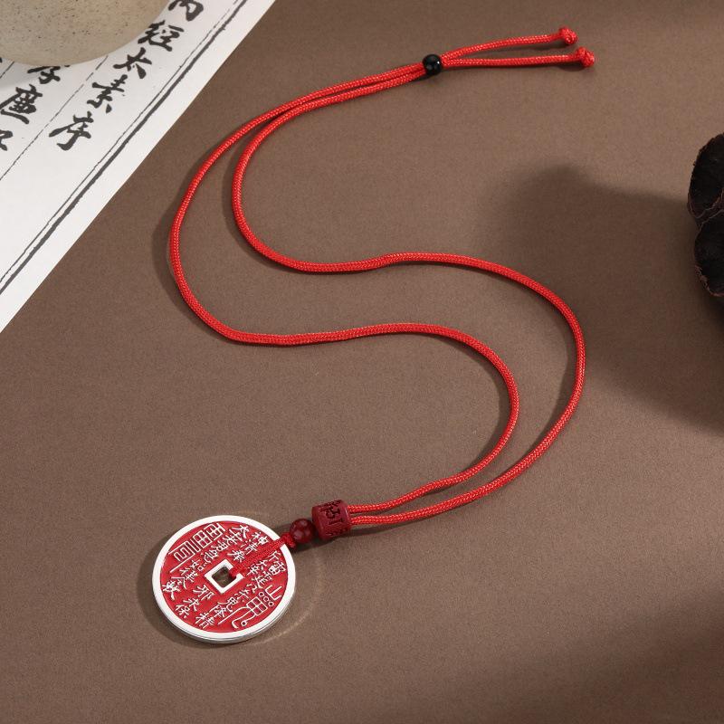 

Versatile Antique Coin Necklace: Outer Round, Inner Square with Black & Red Ropes - Unisex Bagua Copper for a Unique Style.