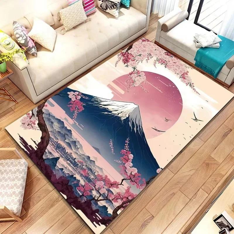 Japanese Landscape Print Rug with Cherry Blossom & Fuji Mountain for Bedroom and Sofa Entryway Decor