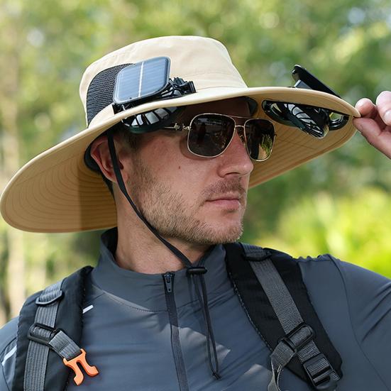 Fisherman Hat, Outdoor Sun Hat with Dual Power Solar USB Rechargeable Fan, Wide Brim Sun Protection Hat for Fishing Camping Hiking Gardening