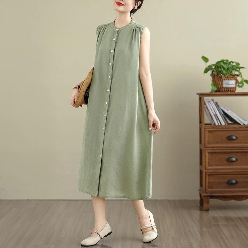 

Real Shot Summer New Cotton and Linen Dress Sleeveless Multi-pleated Design Medium and Long Literary and Simple Shirt Skirt M