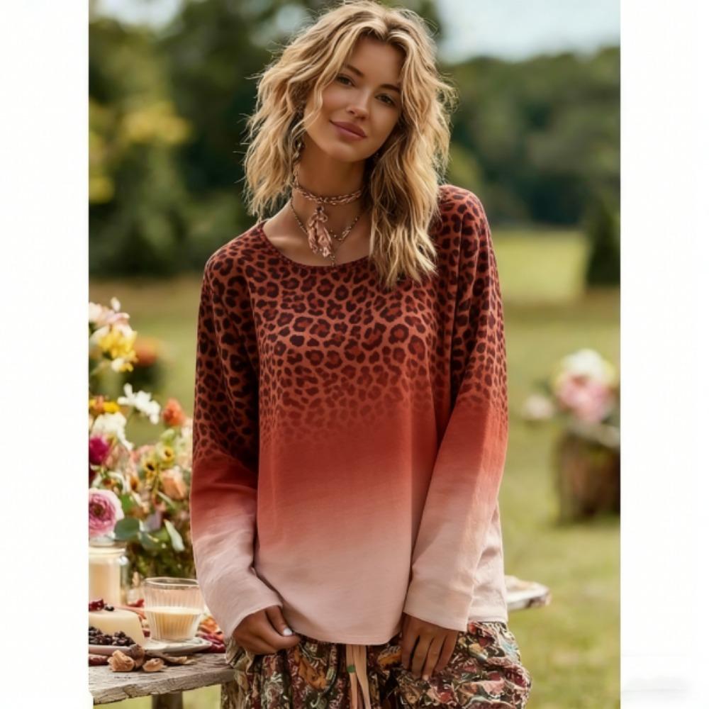 Spring Europe America Fashion Leopard Print Pullover Comfortable Women Long Sleeve T-shirt Outdoor Oversized Tees Top