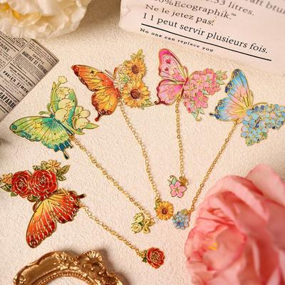 Tassel Chain Metal Butterfly Bookmark Hollow Flower Flower Painting Bookmark  For Book Lovers