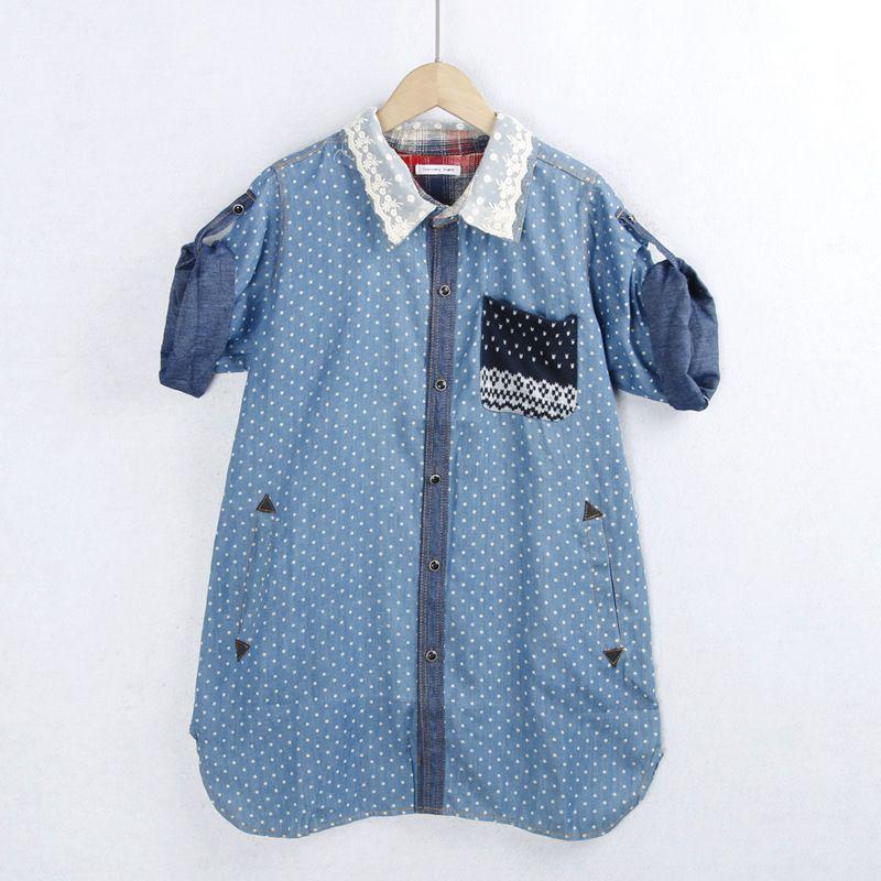 

Button Distressed Short-Sleeved Loose Women s Wear Denim Shirt Blue background dot All yards