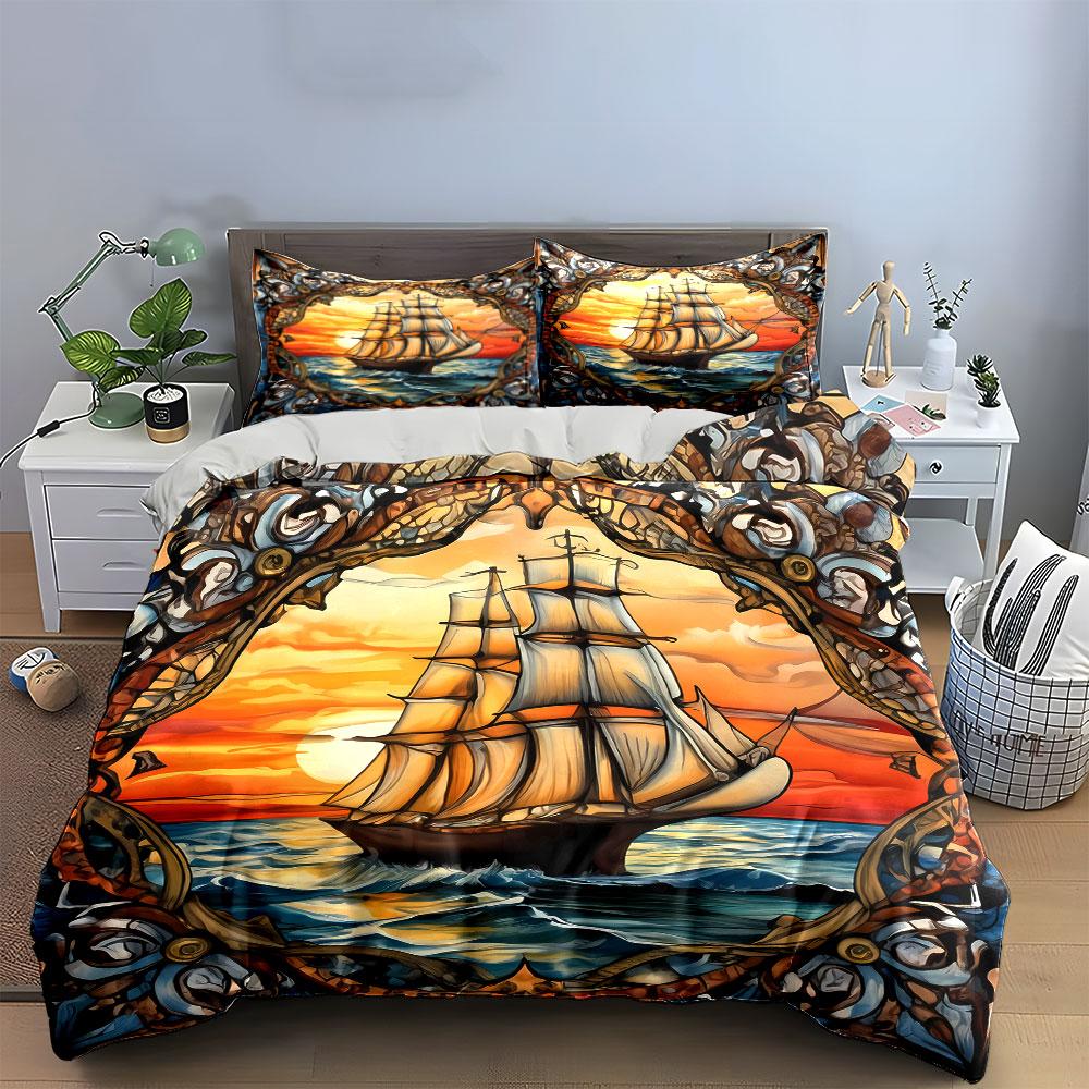 Sailing Ship Sunset Art Decor Kid'S And Adults' Bedroom Decor, Exquisite Three-Piece Bedding Set Gift