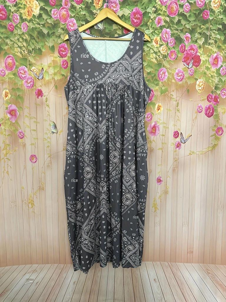 Retro Sleeveless Summer Dress with Crew Neck and Pockets – Loose Holiday Print Style