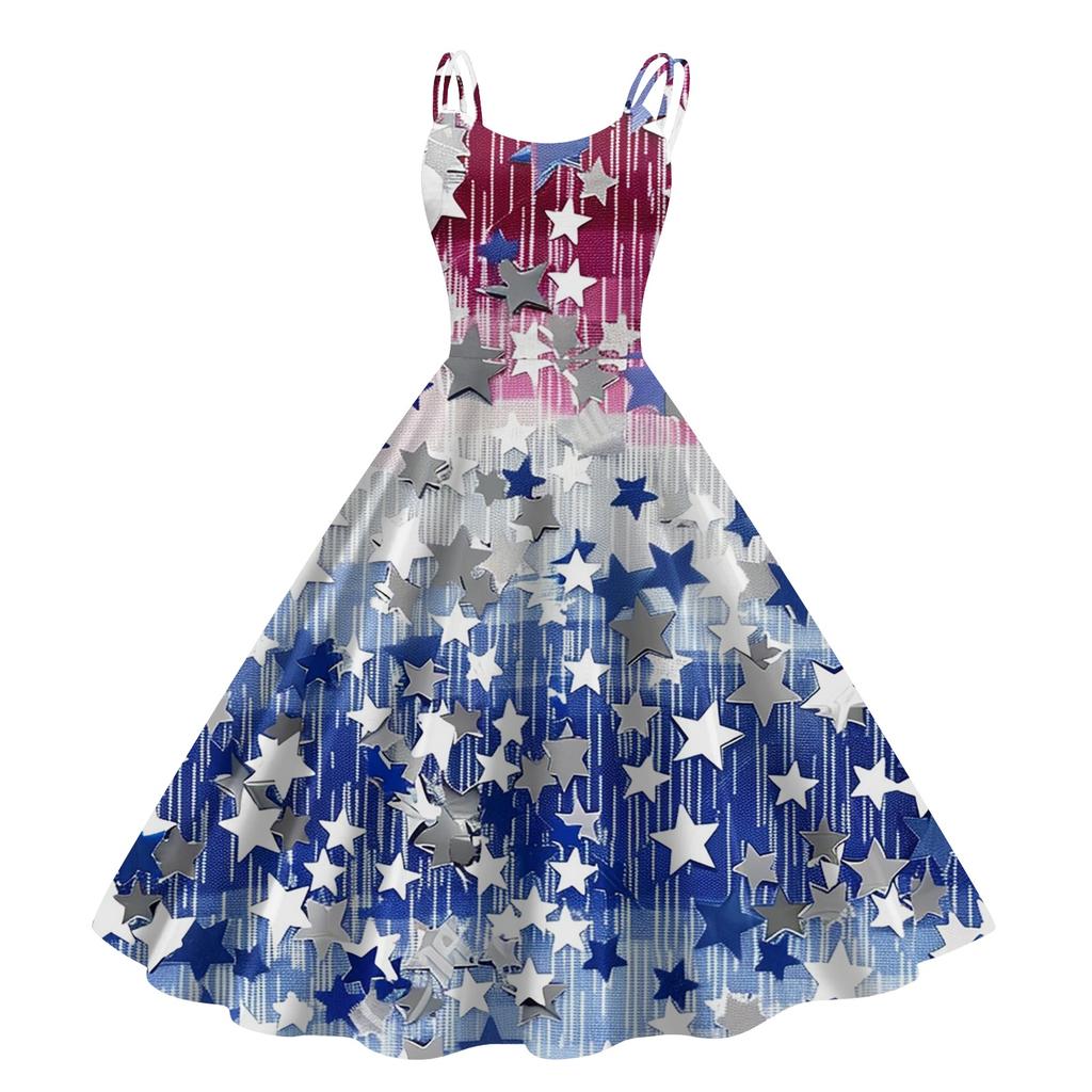 Sleeveless Dress with Star Pattern and Adjustable Spaghetti Straps for Women Summer Casual Wear