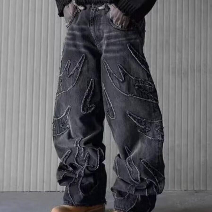 Amerikanische Retro Jeans mit Stickerei-Patchwork, gerade geschnitten