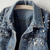 Hohe Qualität Denim Mantel Herbst Perle Perlen Kurze Denim Jacken Frauen Langarm Vintage Casual Jean Jacke Mantel