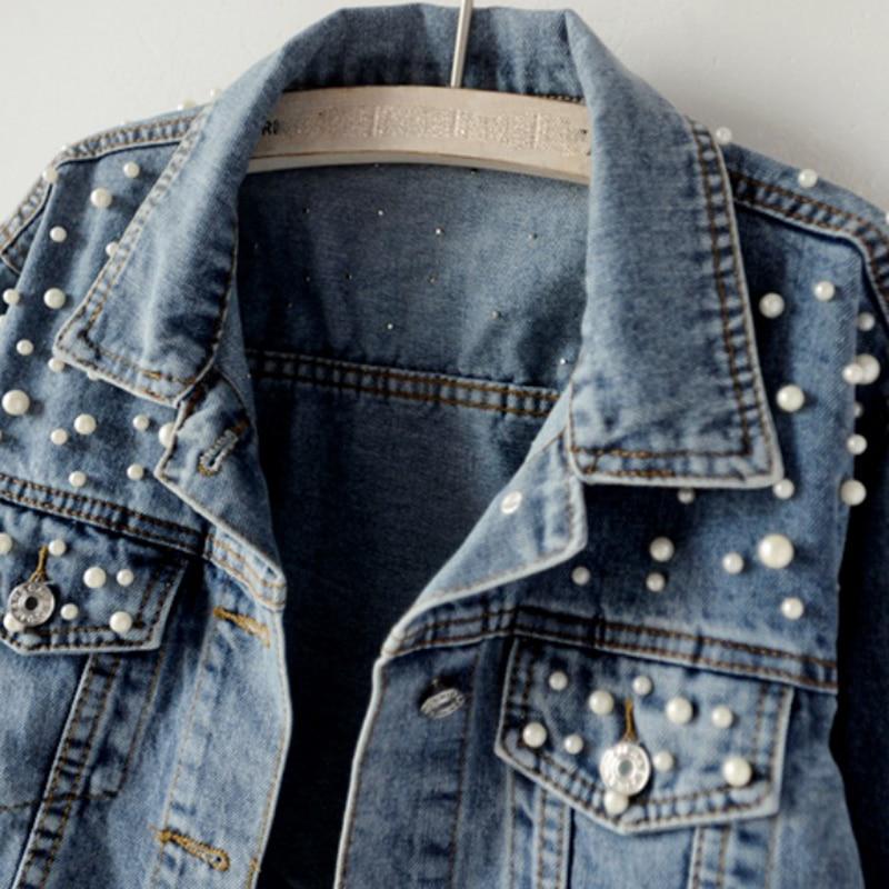 Hohe Qualität Denim Mantel Herbst Perle Perlen Kurze Denim Jacken Frauen Langarm Vintage Casual Jean Jacke Mantel