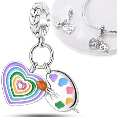 Pingentes Coração Arco-Íris de Cobre Paleta Pingentes Encaixe Pingentes Pulseira Original Prata Contas Joias Femininas Fabricação Diy