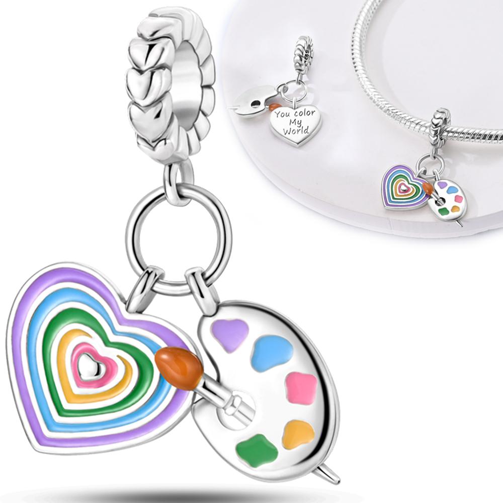 

Charms Copper Rainbow Heart-Shaped Palette Pendants Fit Charms Plata Original Bracelet Beads Women Jewellery Making Diy