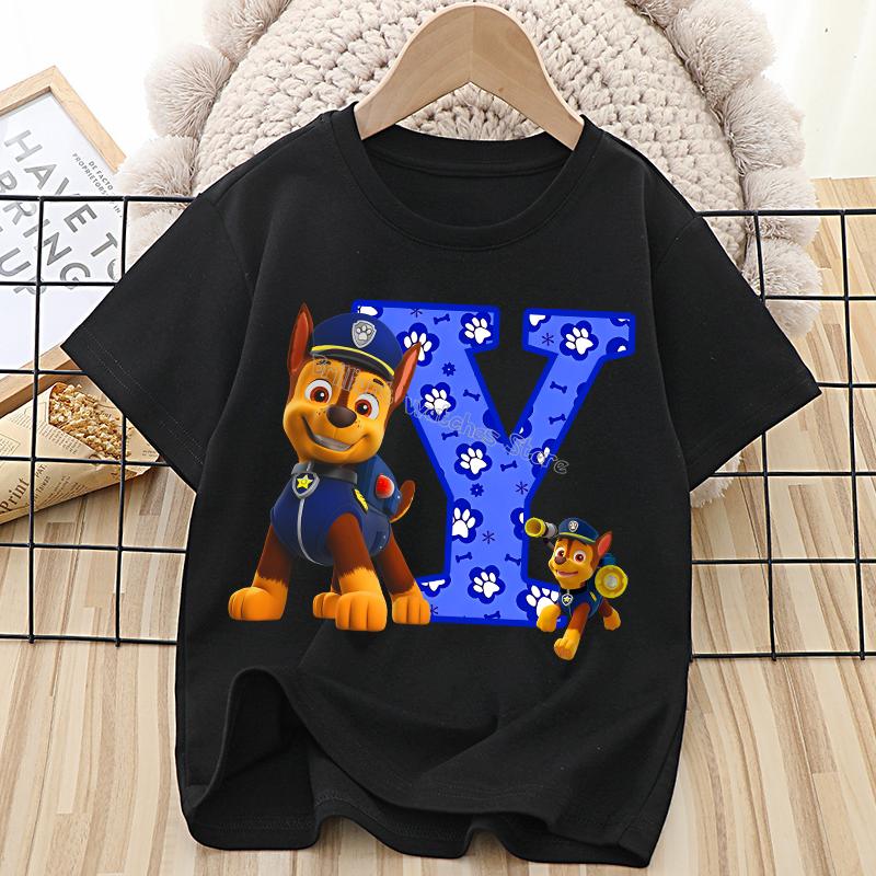 Paw Patrol Chase T-shirt for Children Cartoon Letter A-Z Tee Top Kawaii Round Collar Clothes Fashion Kids Black Clothing Gift