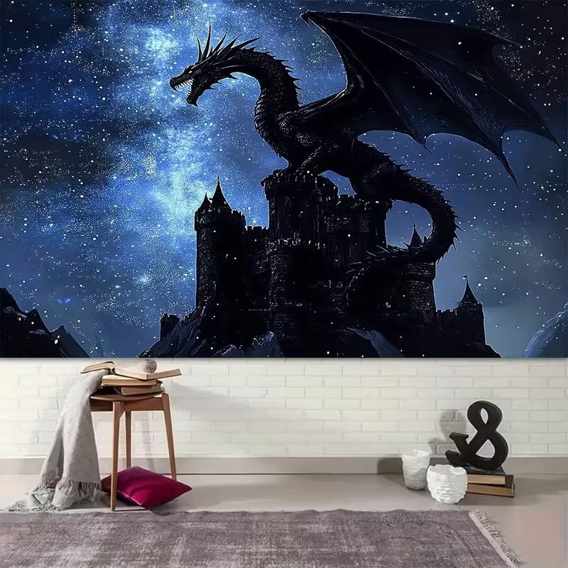 2D Schwarz-Drachenburg Wandteppich, Mittelalterliche Burg mit Drachen und Sternenhimmel