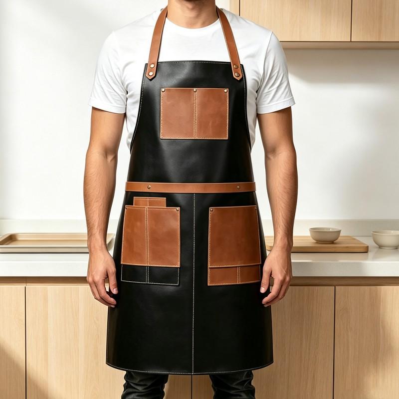 Leather Barber Apron With Adjustable Neck Strap Multiple Pockets Waterproof Oil Resistant Unisex Work Kitchen BBQ Salon