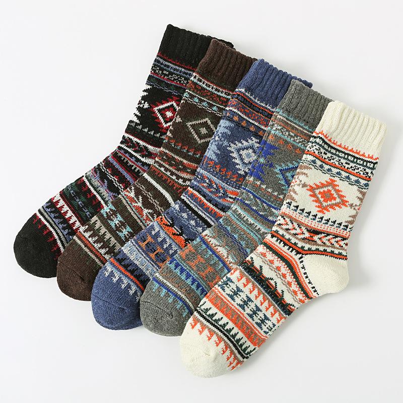 5/10 Pairs Autumn Winter Men's Retro Thick Knit Large Check Wool Socks Mid Calf Socks Comfortable