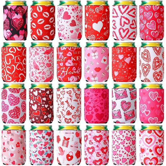 Zhehao 24 Pieces Christmas Can Cooler Sleeves 12 oz Can Sleeves Santa Snowman Snowflake Elk Insulated Colorful Funny Beer Cooler for Bottle Drink Heart