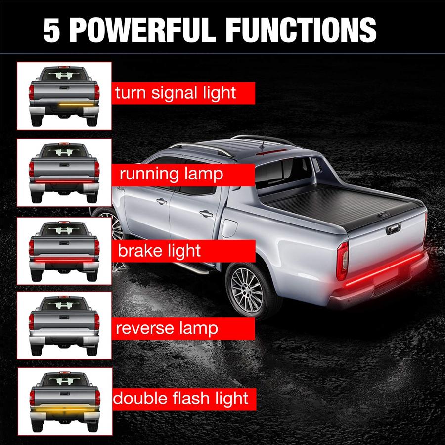 48" Triple Row LED Tailgate Light Bar with Amber Turn Signal, Red Brake/Running, White Reverse Lights - Weatherproof