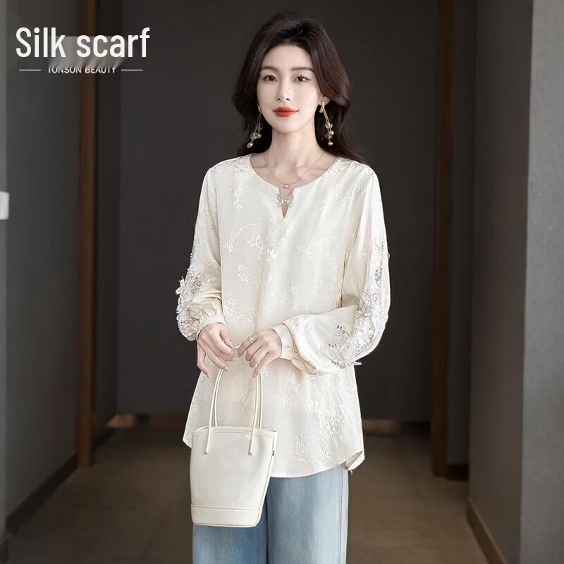 Women s Elegant Beaded Jacquard Long-Sleeve Blouse L
