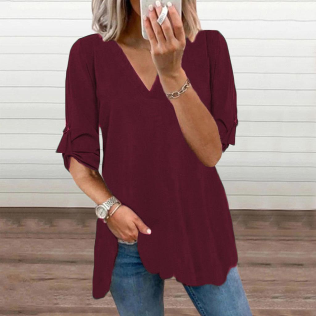 Fashion Women’s Causal Color V-Neck Long Sleeve Chiffon Shirt Blouse Tops