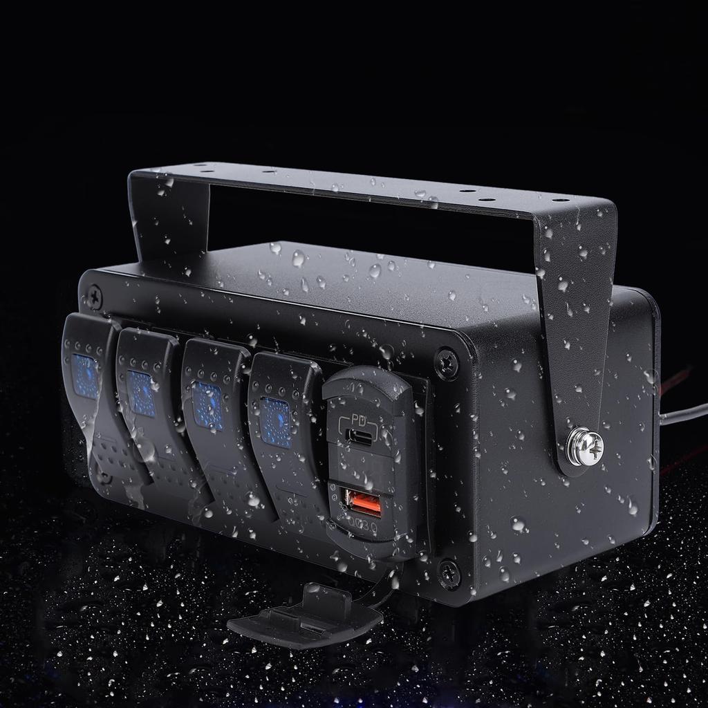 4-Gang Rocker Switch Box, Pre-Wired, Waterproof with USB Charger, Universal Fit, DC QC3.0, Multi-Function, RV, 12V, 24V (Blue Light)