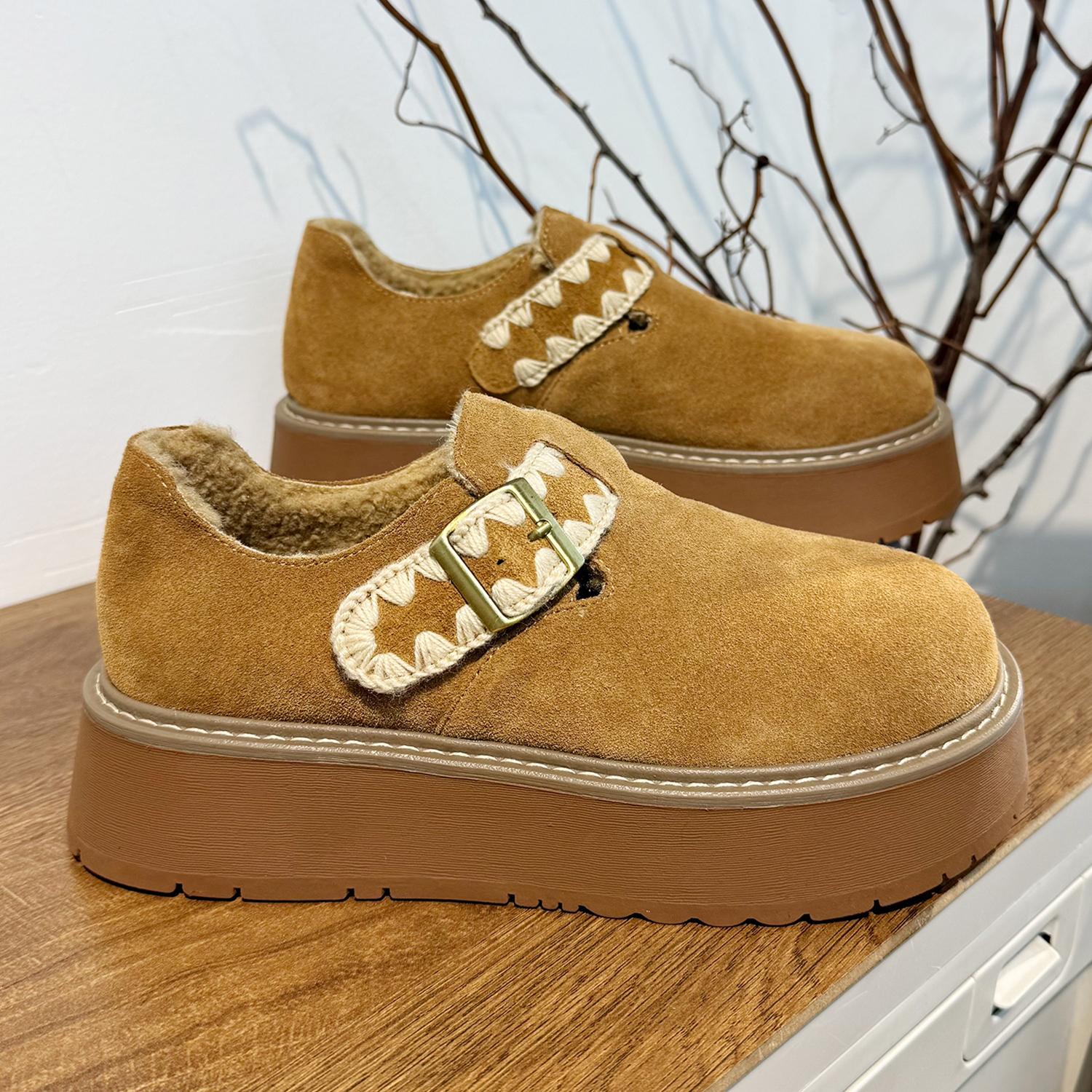 

Ретро кожаные толстоподошвенные бархатные биркенштоки женские 2025 зима новые круглый носок мягкая подошва с пряжкой универсальные теплые пушистые туфли 39