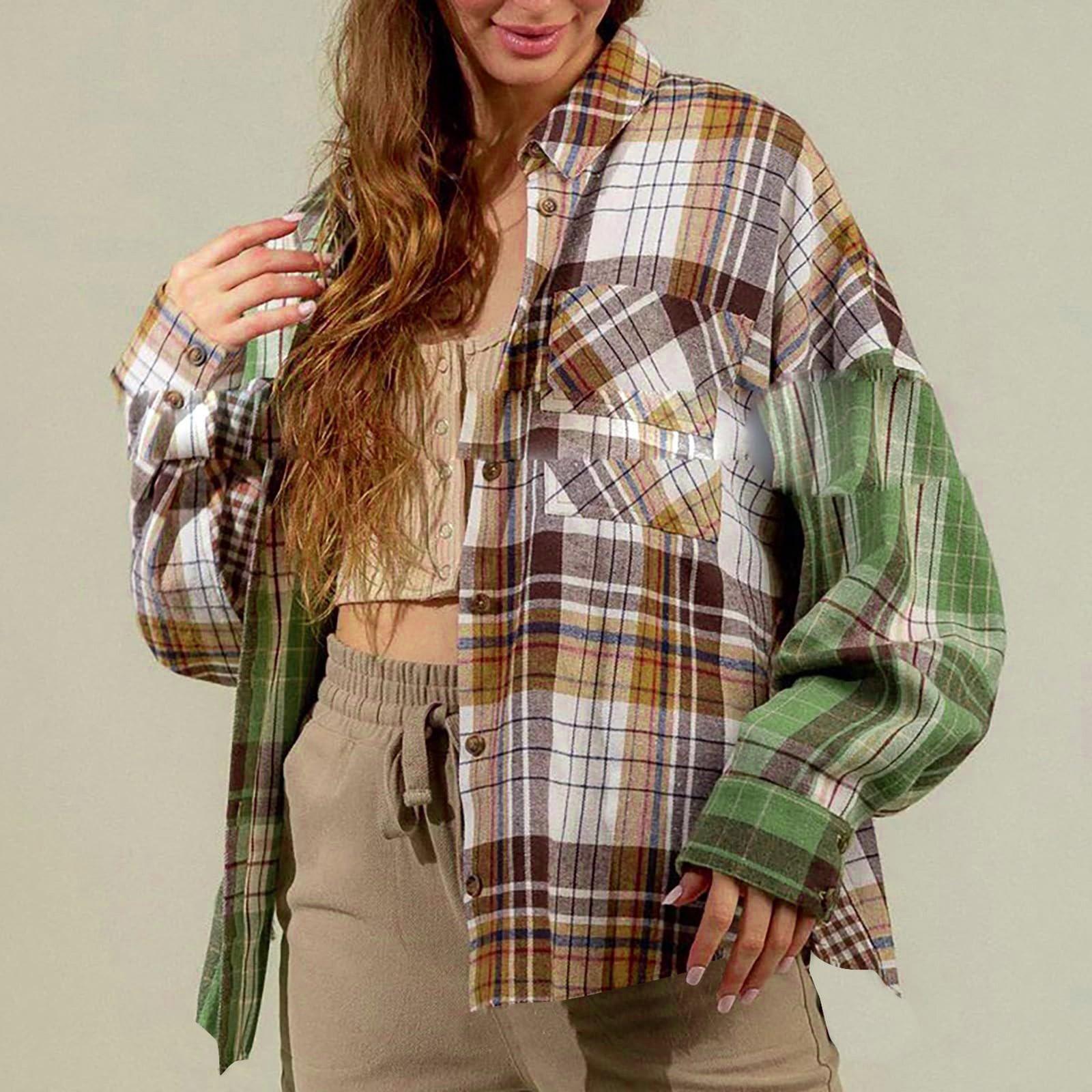 

Женская модная клетчатая рубашка с длинным рукавом и карманом на пуговицах XL зелёный