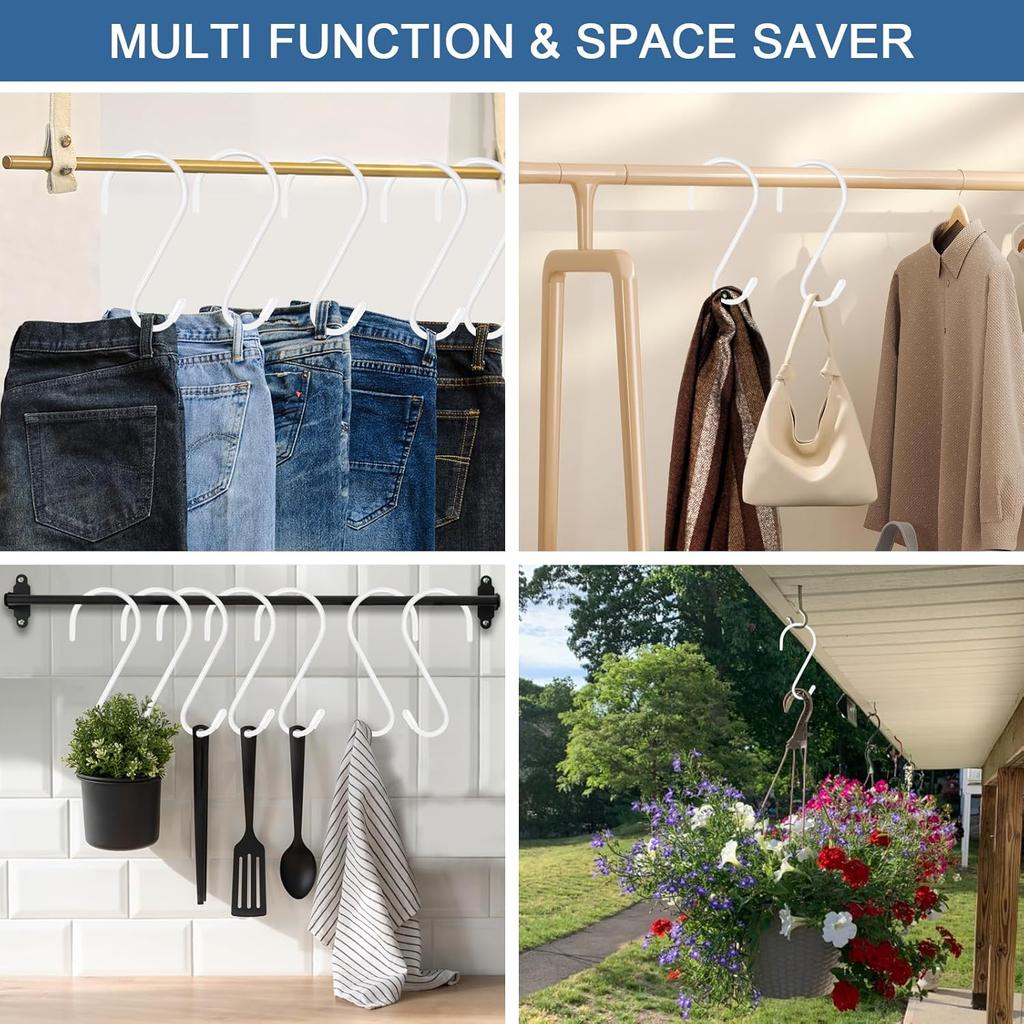 4 Pack Large White Stylish Non Slip Rust Resistant Heavy Duty Metal Steel S Hooks, 6 inch Vinyl Coated, Hanging Closet Kitchen Garage Bathroom