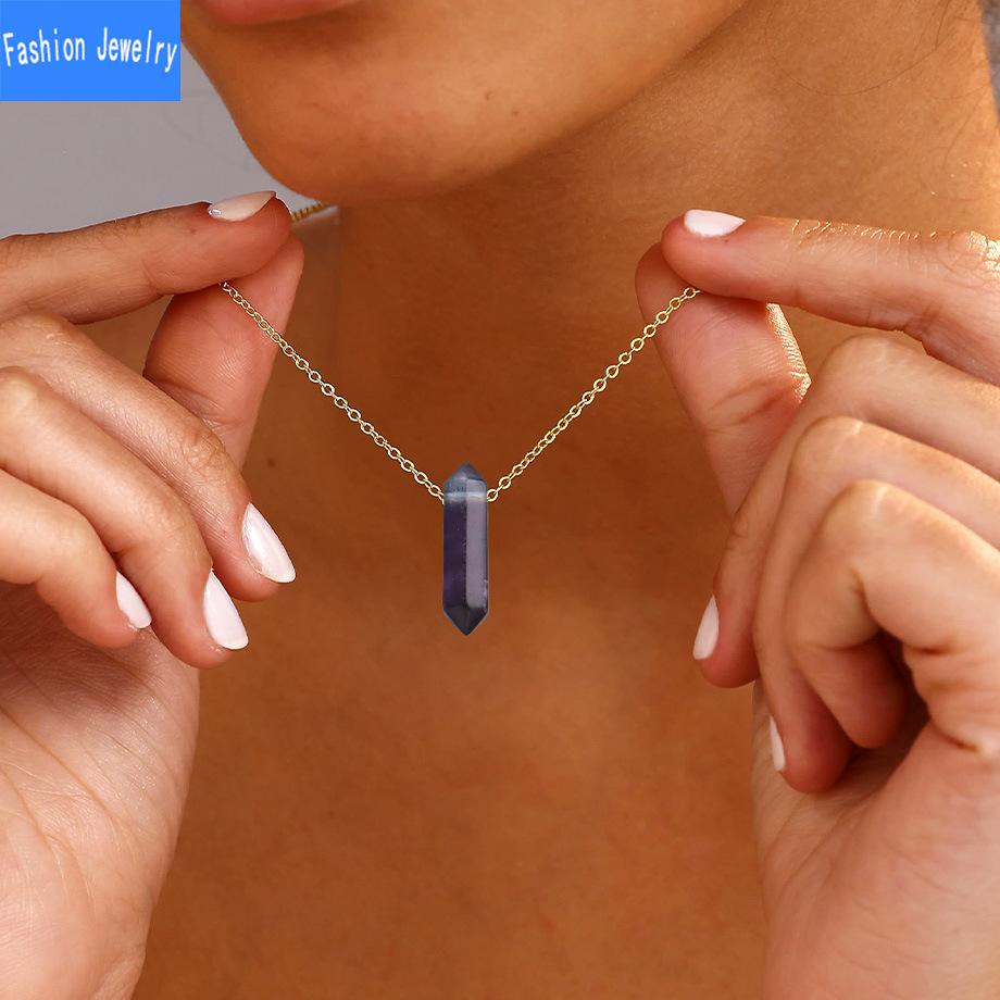 Natural crystal colorful fluorite double pointed column pendant necklace women's stainless steel clavicle chain