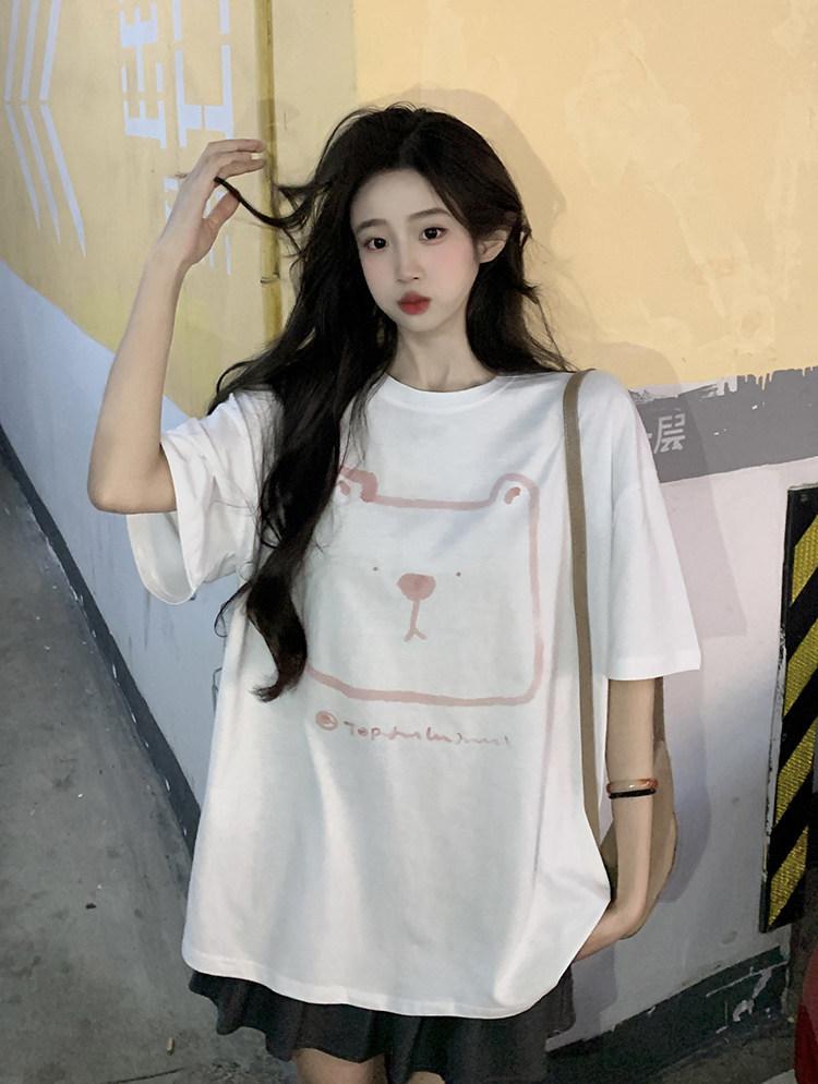 Large Size Fat MM Lazy Hong Kong Style Bear Print Short-sleeved T-shirt Women's Pure Cotton Loose Medium and Long Front Shoulder Couple Top
