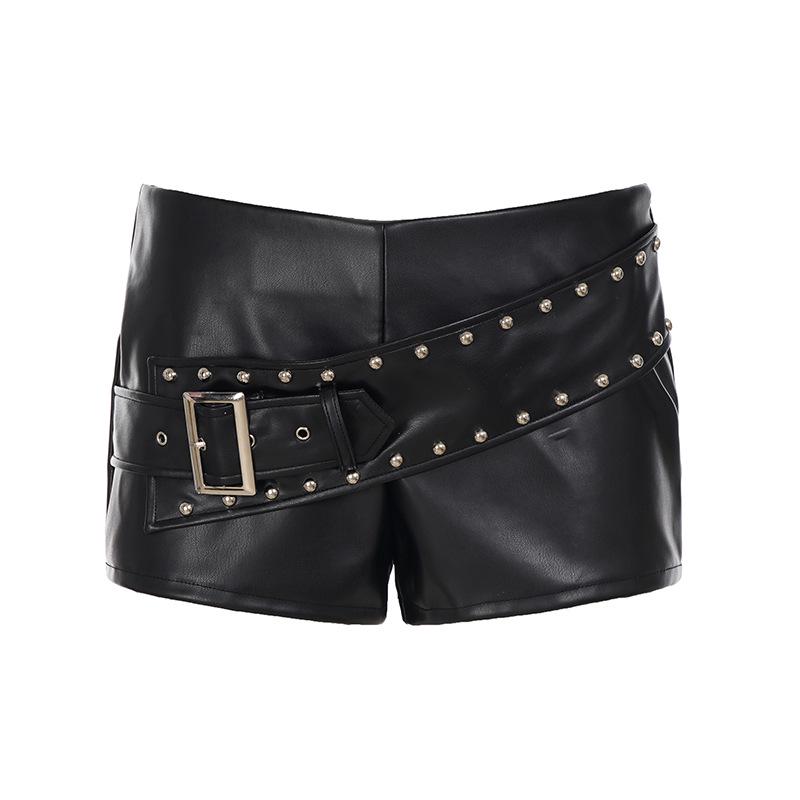 

Y2K Sexy Slim Leather Pants with Metal Buckle - Retro Low-Waist Hip-Hugging Shorts L чёрный