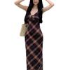 French Plaid V-neck Suspender Dress Women's Summer Small Waist Temperament Retro Plaid Hip-wrapped Long Skirt
