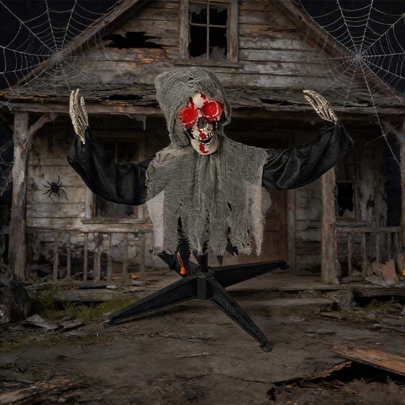 Animierter sprechender leuchtender Totenkopf Gartenspieß Automatisches Schwingen Halloween-Skelette Requisiten für Halloween-Dekorationen Mit realistischen Schwingbewegungen