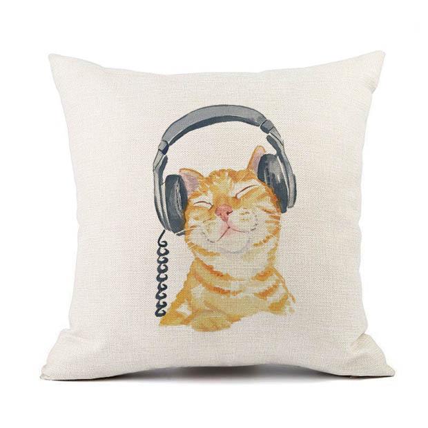 European Linen Cat Print Sofa Pillow Cover