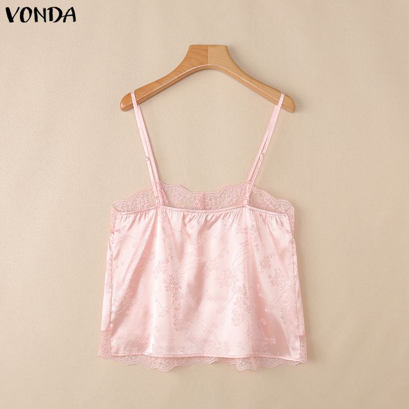 VONDA Women's Sexy Lace Trim V-Neck Sleeveless Spaghetti Strap Cami Tank Top