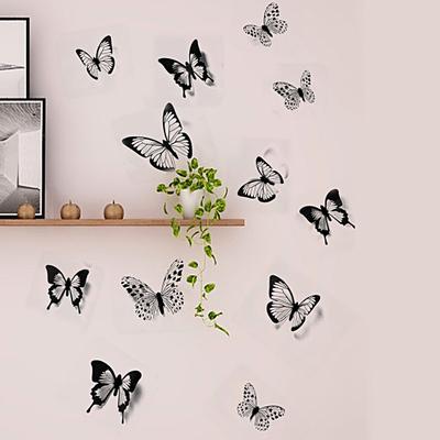 24 Stück Wandaufkleber, selbstklebend, DIY-Kunst-Dekor, abnehmbare 3D-Schmetterlinge, schwarze Wandaufkleber